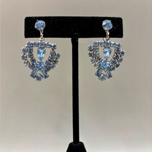 Vintage Baby Blue Rhinestone Shield Shape Screw-back Earrings